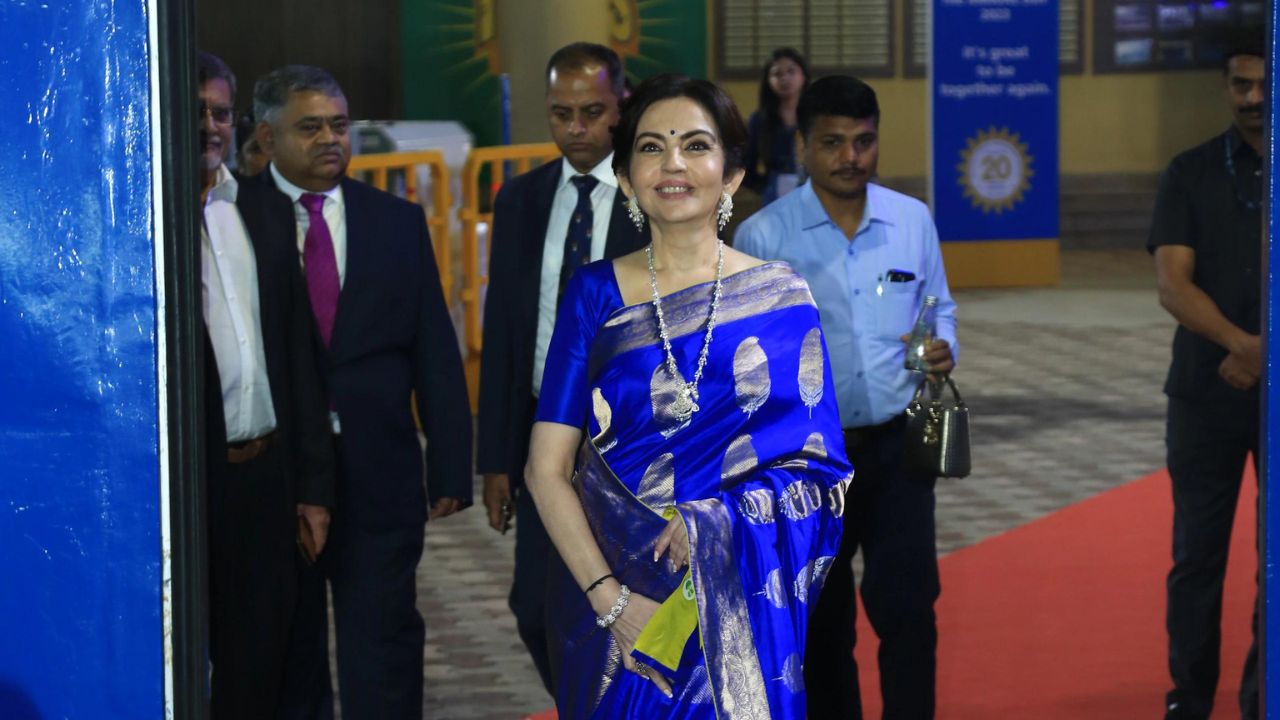 Nita Ambani Radiates Timeless Elegance donning a Stunning Silk Saree in Royal Blue and Gold
